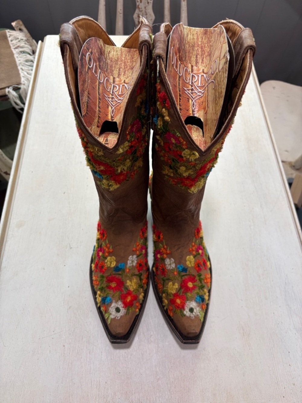 Old Gringo Flora Brown Leather Western  Boots with Multicolor Floral Embroidery